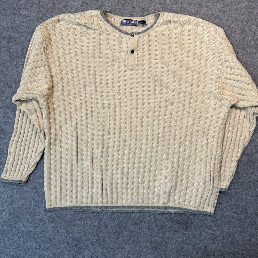 Structure Henley Ribbed Sweater XL Beige Ramie Cotton Blend Vintage 90s Style